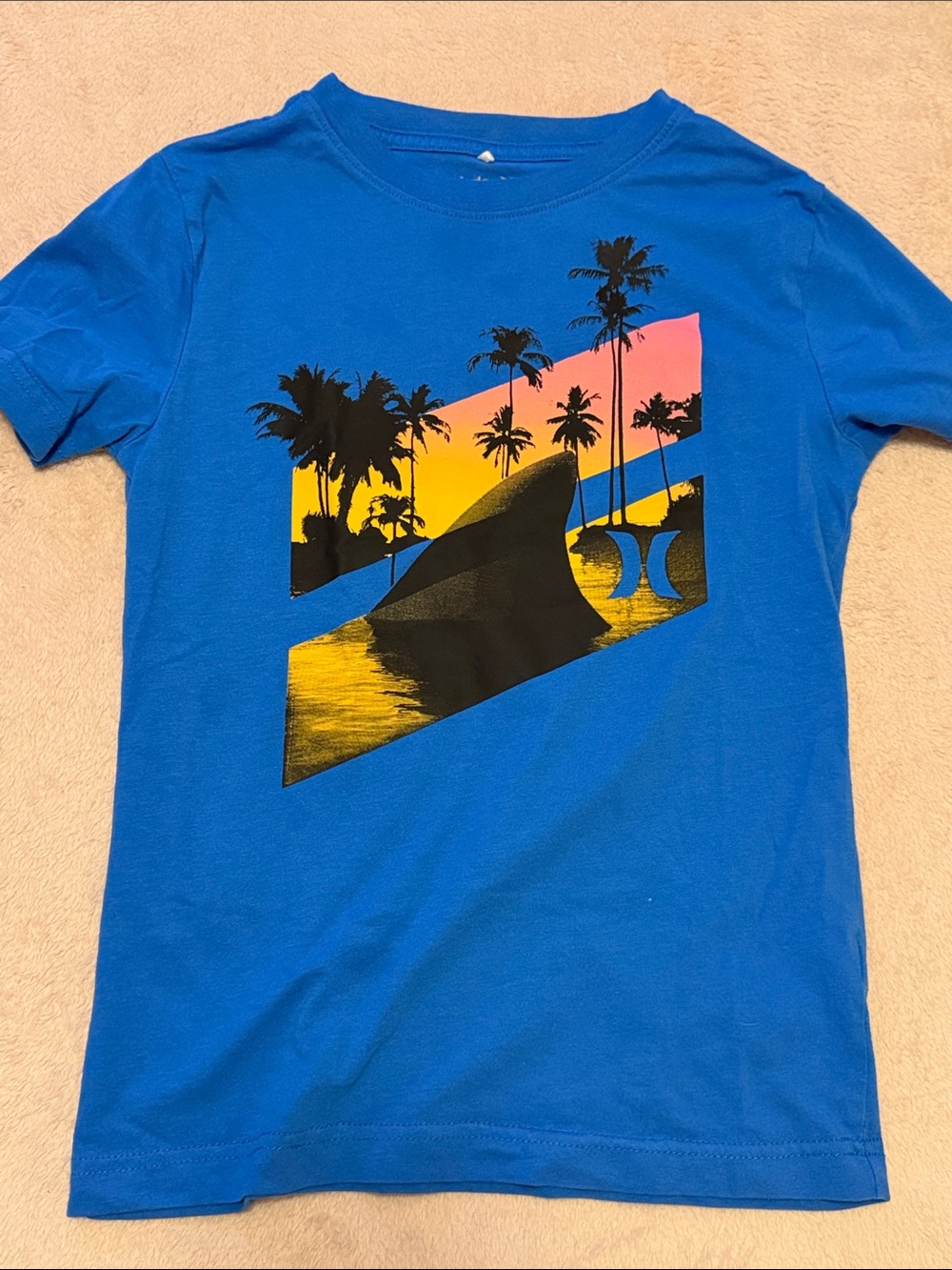 Blue Graphic Tee with Tropical Shark Sunset